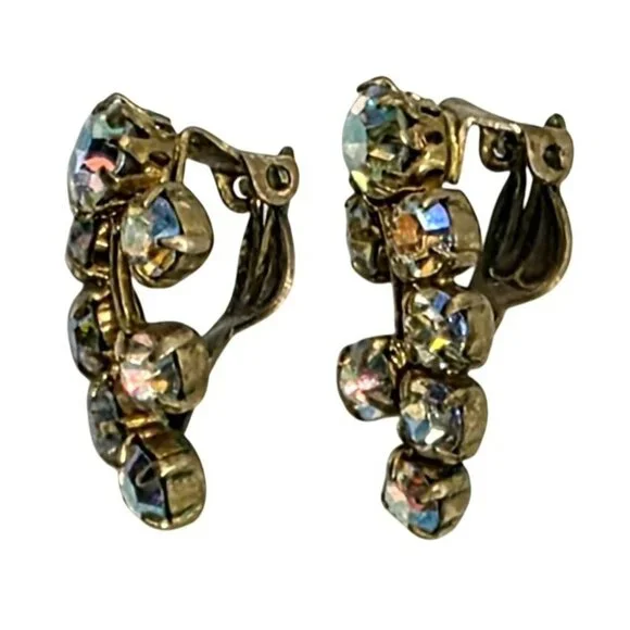1950s Aurora Borealis Rhinestones Clip-On Earrings Drop Cluster Western Germany - Picture 6 of 10